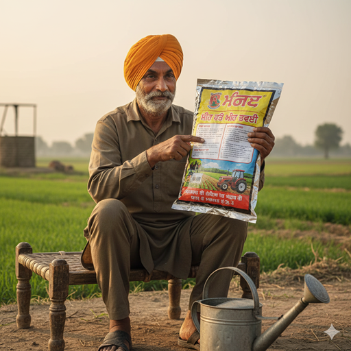 Farmer reading Punjabi instructions on agricultural product