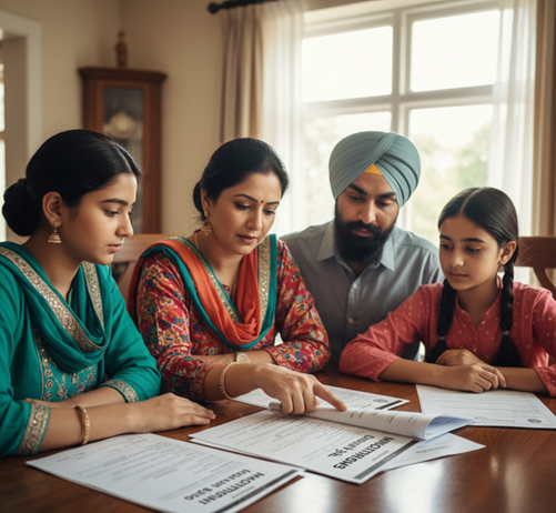 Punjabi family reviewing immigration documents together