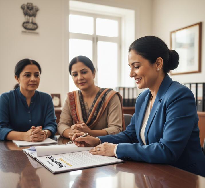 Government officer explaining documents in Punjabi to citizens